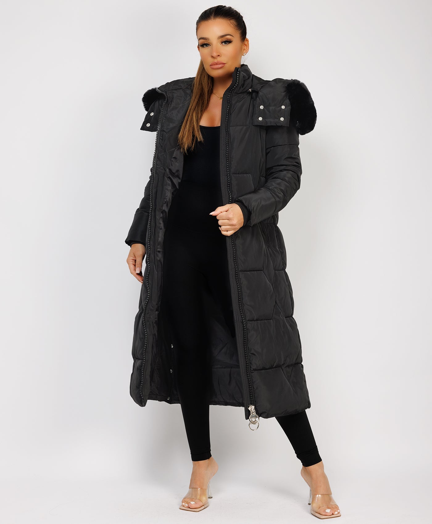 Black Long Padded Puffer Winter Trench Coat Jacket With Faux Fur Hood www.lexifashion