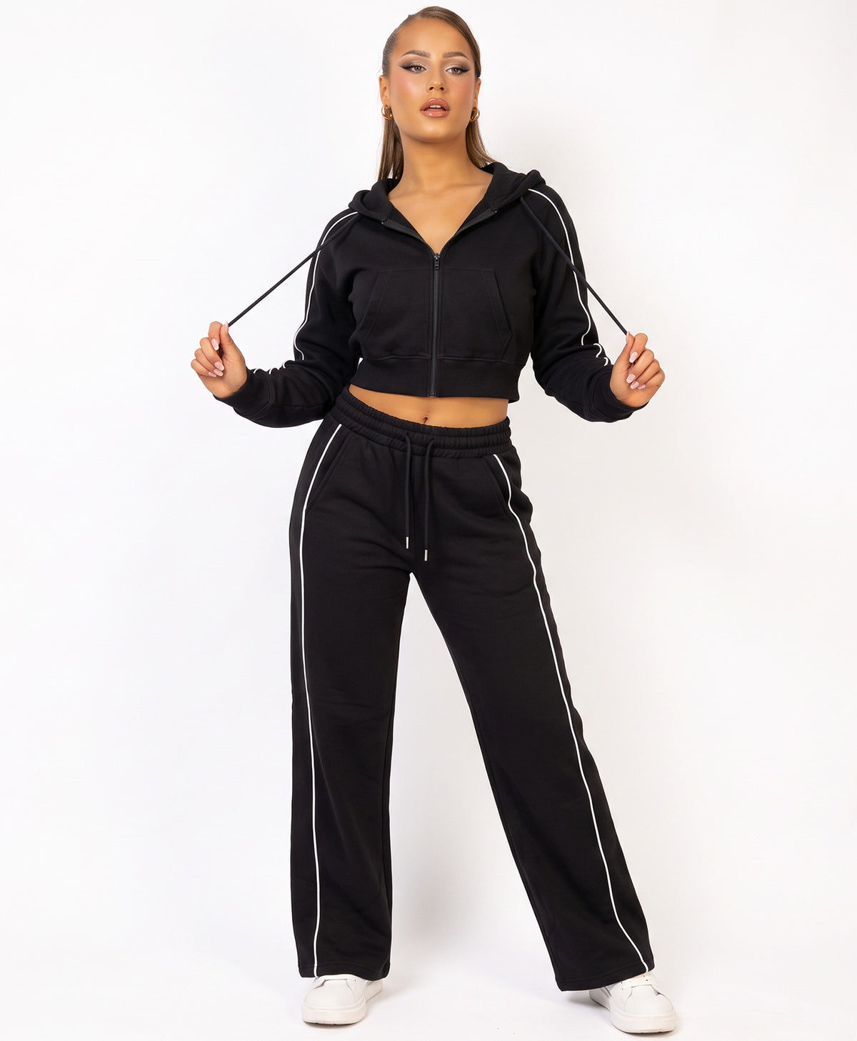 Black Piping Cropped Zip Hoodie Wide Leg Jogger Set