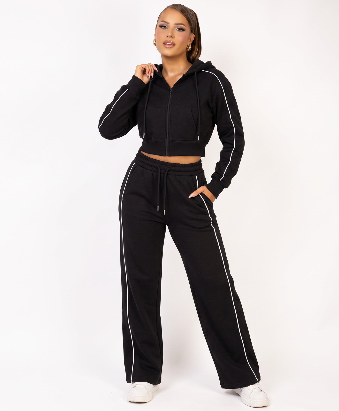 Black Piping Cropped Zip Hoodie Wide Leg Jogger Set