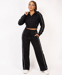 Black Piping Cropped Zip Hoodie Wide Leg Jogger Set