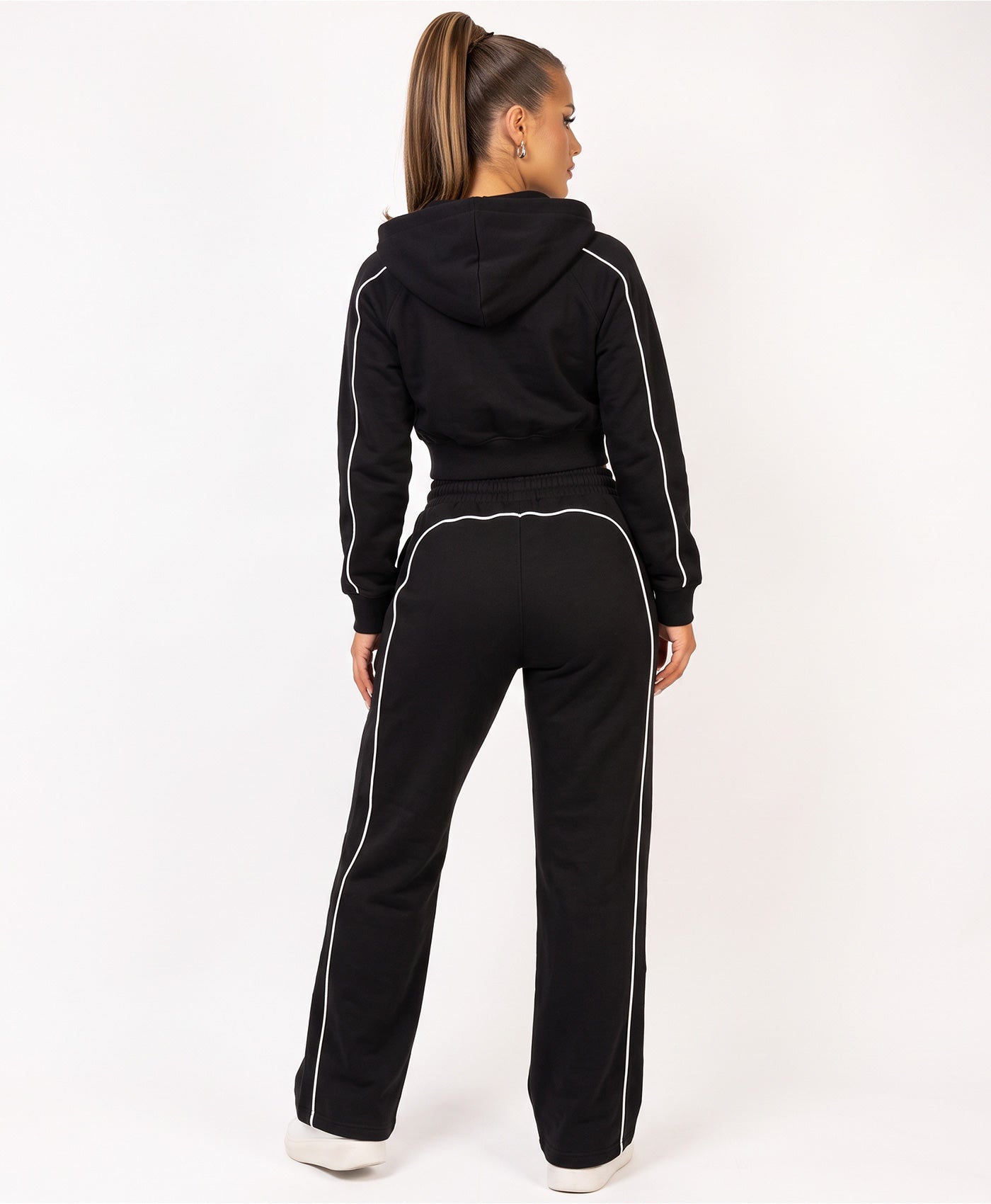 Black Piping Cropped Zip Hoodie Wide Leg Jogger Set
