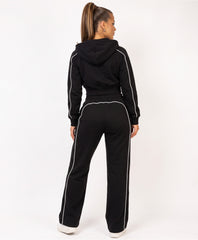 Black Piping Cropped Zip Hoodie Wide Leg Jogger Set