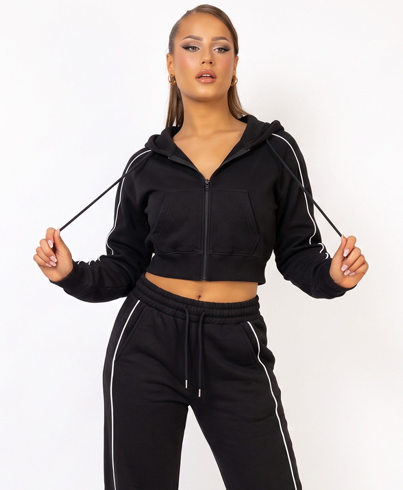 Black Piping Cropped Zip Hoodie Wide Leg Jogger Set