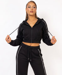 Black Piping Cropped Zip Hoodie Wide Leg Jogger Set