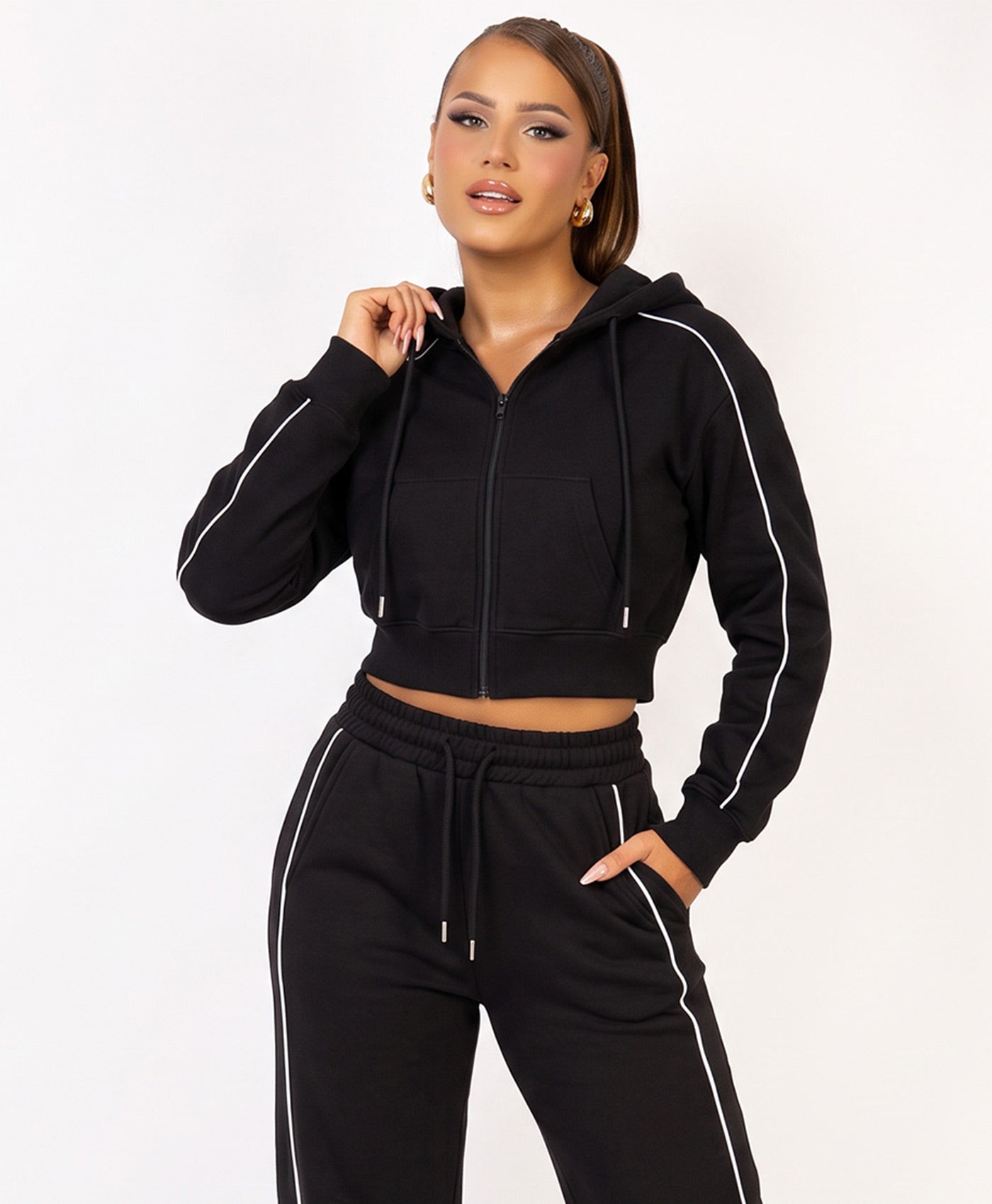 Black Piping Cropped Zip Hoodie Wide Leg Jogger Set