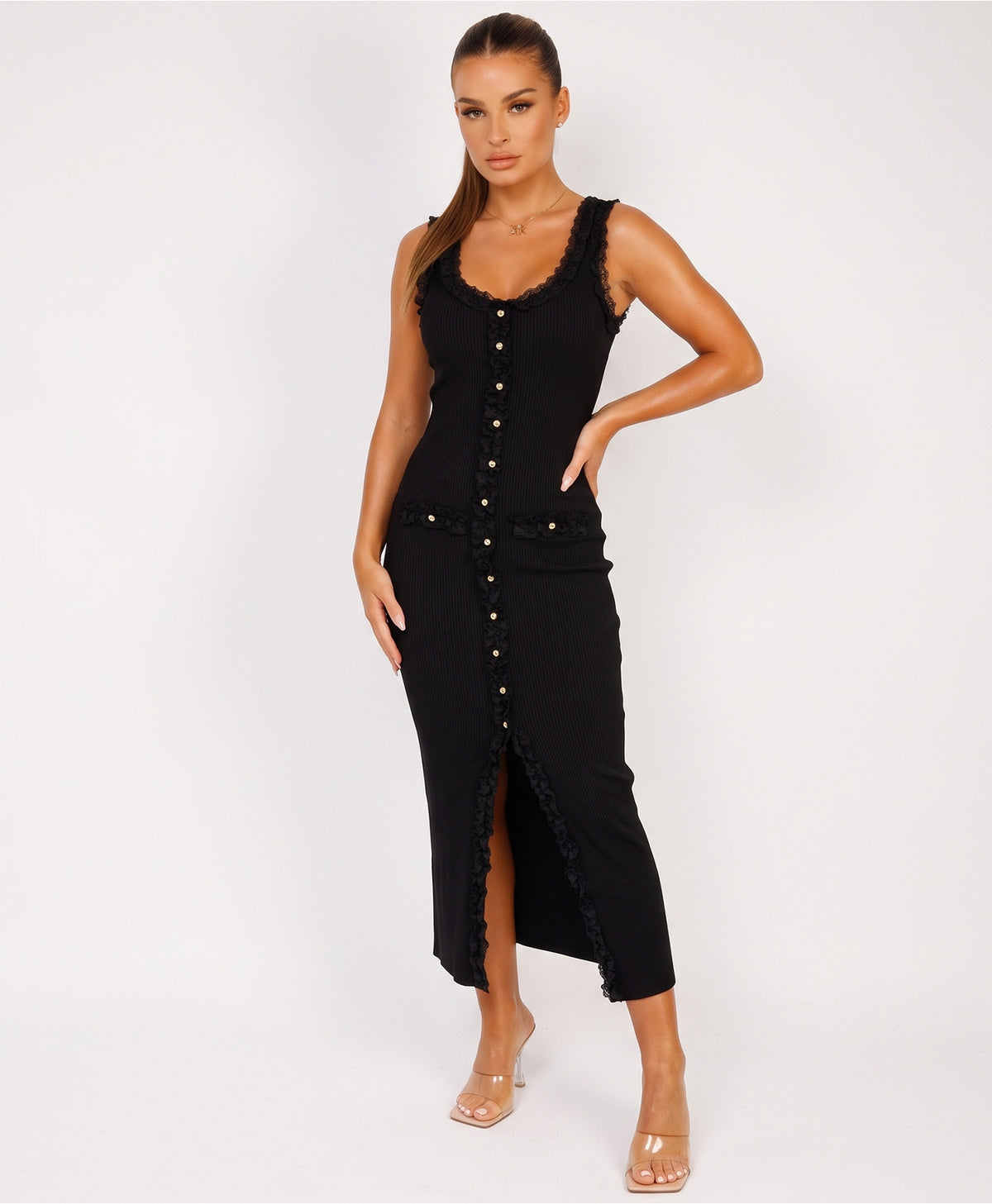 Black Ribbed Lace Trim Knitted Button-Through Midi Dress
