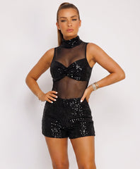 Black Sequin Co-ord Mesh Bodysuit & Mini Shorts Set
