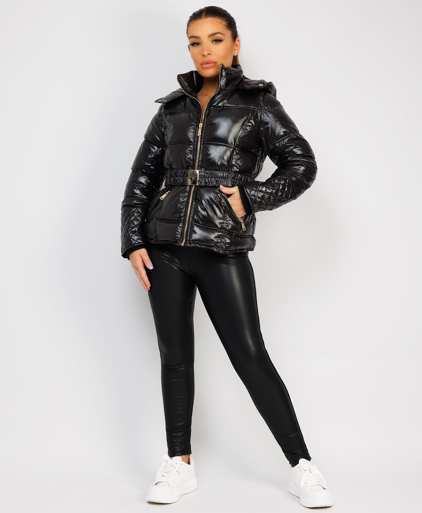 Black-Shiny-Puffer-Jacket-With-Hood-And-Belt-1