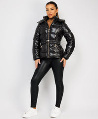 Black-Shiny-Puffer-Jacket-With-Hood-And-Belt-2