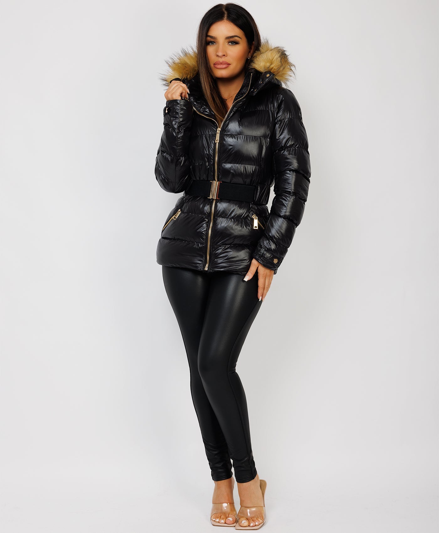 Leather Jacket Black Shiny Fur Hood Jacket Black Shiny Puffer