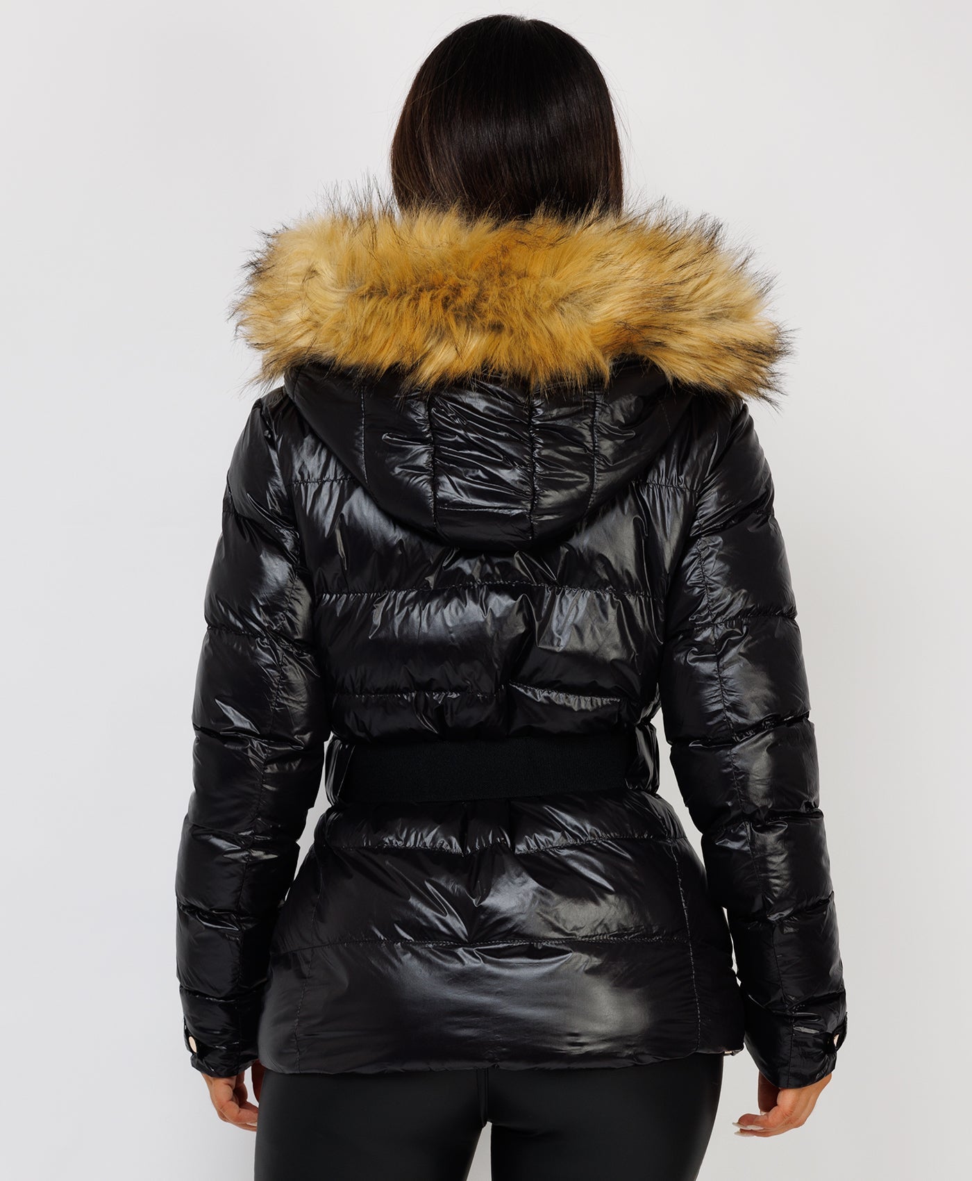 Black Shiny Puffer Waist Belted Faux Fur Hood Jacket – www