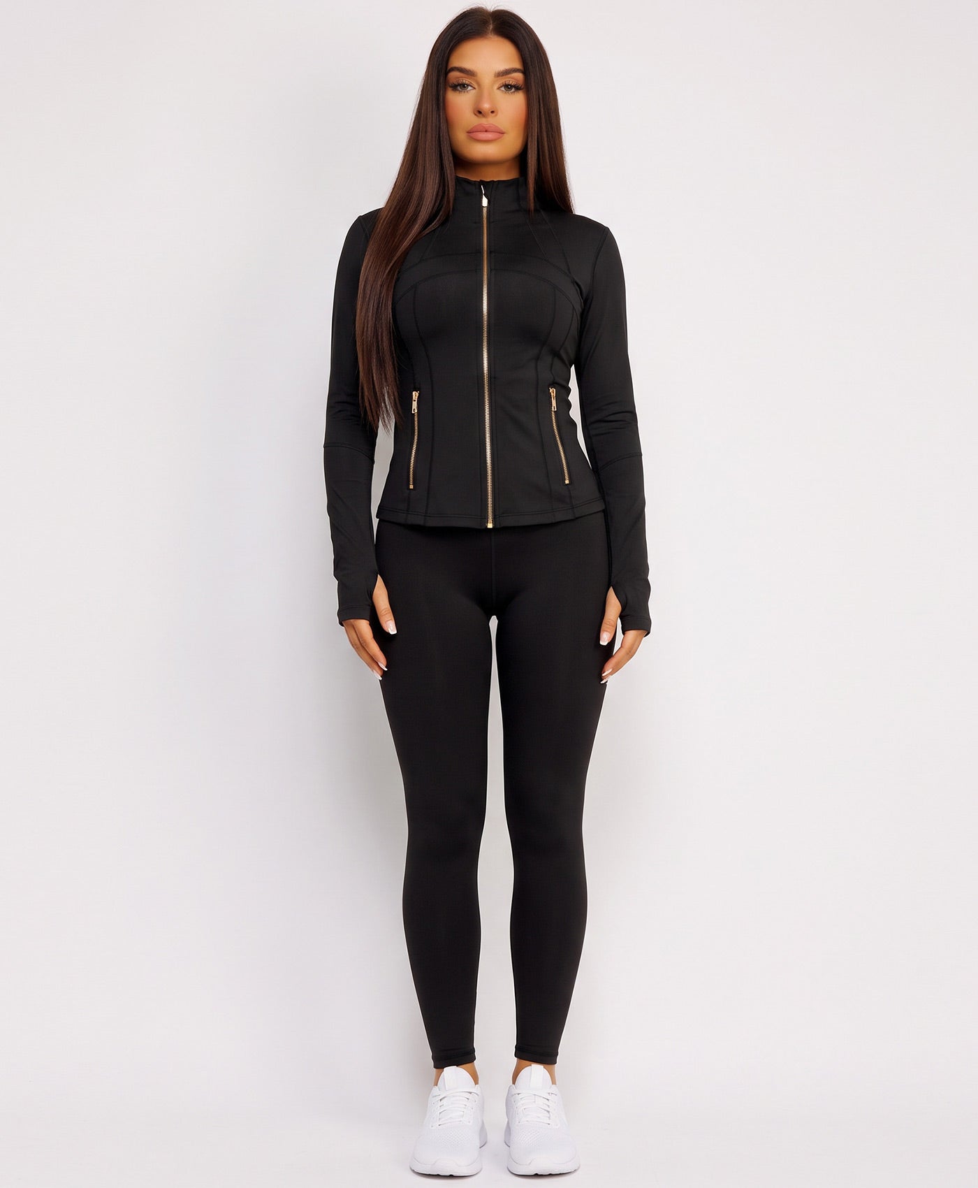 Black Sport Gold Zipped Gym Jacket Leggings Co-Ord Set
