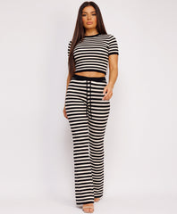 Black Striped Knit Cropped T-Shirt Flare Trousers