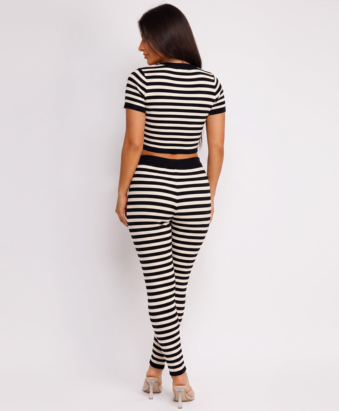 Black Striped Knit Cropped T-Shirt Flare Trousers