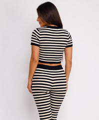 Black Striped Knit Cropped T-Shirt Flare Trousers