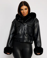 Black Vegan Leather Faux Fur Trim Hooded Bomber Jacket