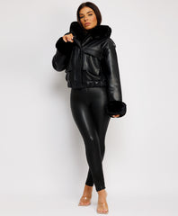 Black Vegan Leather Faux Fur Trim Hooded Bomber Jacket