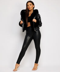 Black Vegan Leather Faux Fur Trim Hooded Bomber Jacket