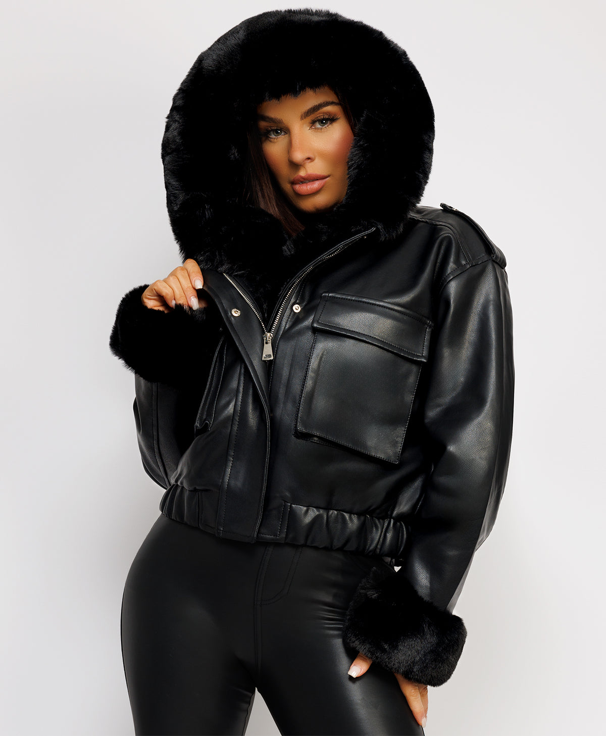 Black Vegan Leather Faux Fur Trim Hooded Bomber Jacket