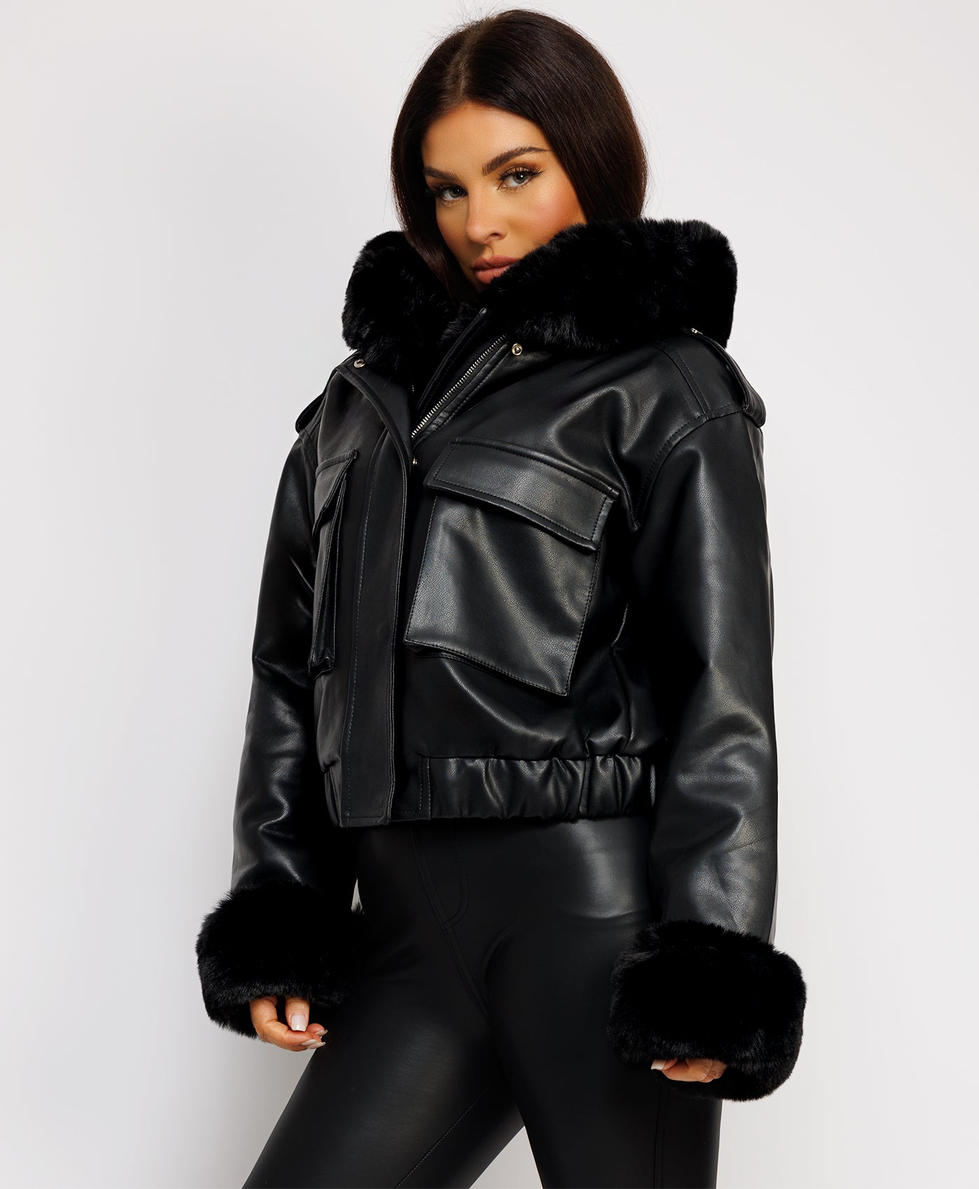 Black Vegan Leather Faux Fur Trim Hooded Bomber Jacket