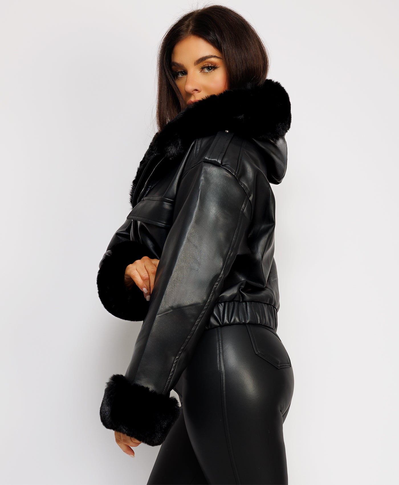 Black Vegan Leather Faux Fur Trim Hooded Bomber Jacket