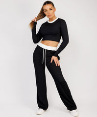 Ribbed-Two-Tone-Long-Sleeve-Flare-Trousers-Black