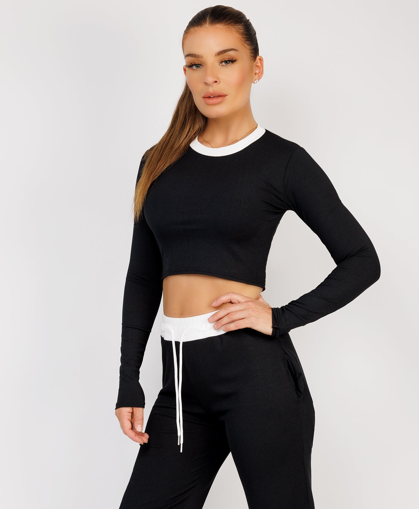 Ribbed-Two-Tone-Long-Sleeve-Flare-Trousers-Black