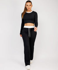 Ribbed-Two-Tone-Long-Sleeve-Flare-Trousers-Black