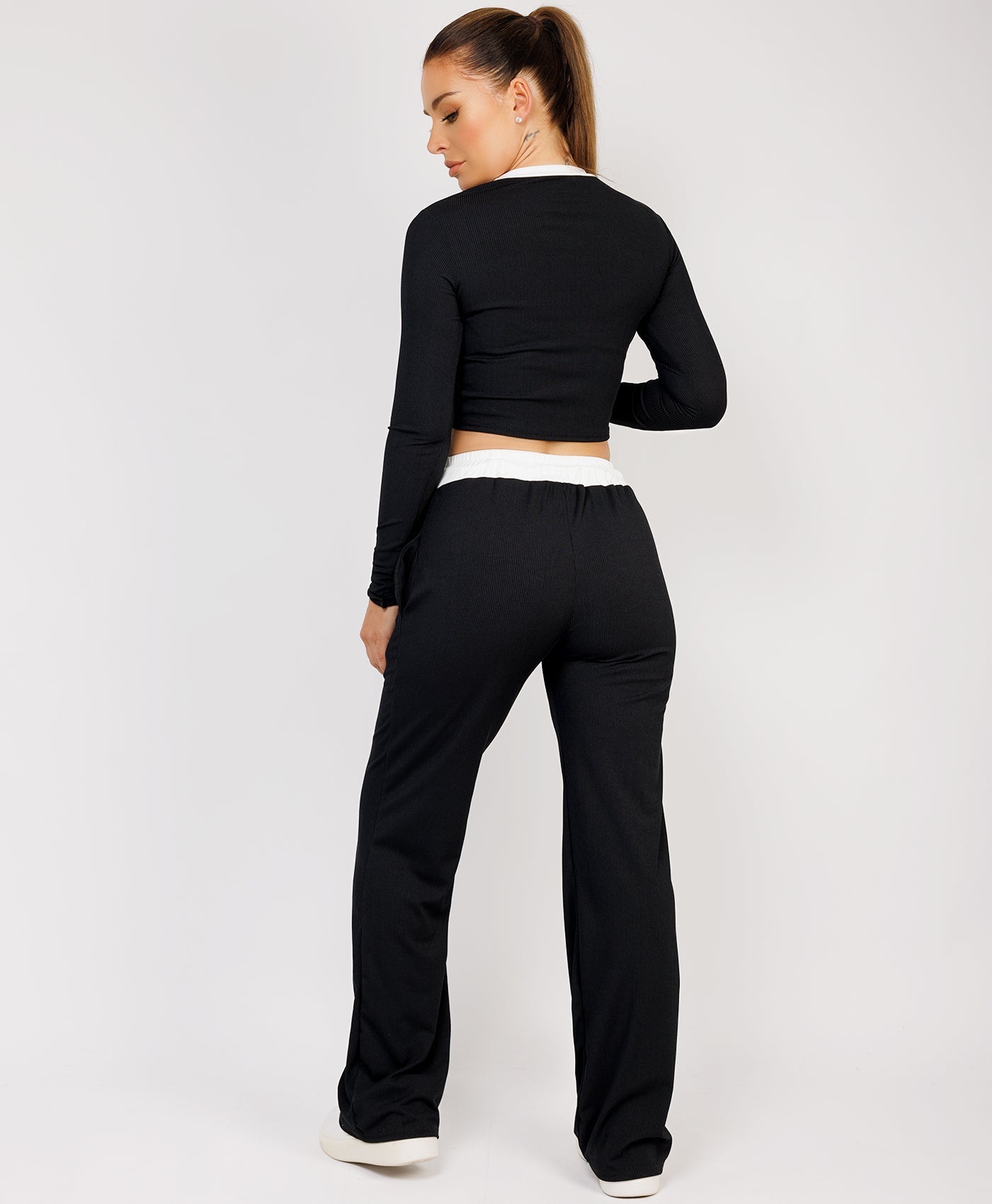 Ribbed-Two-Tone-Long-Sleeve-Flare-Trousers-Black