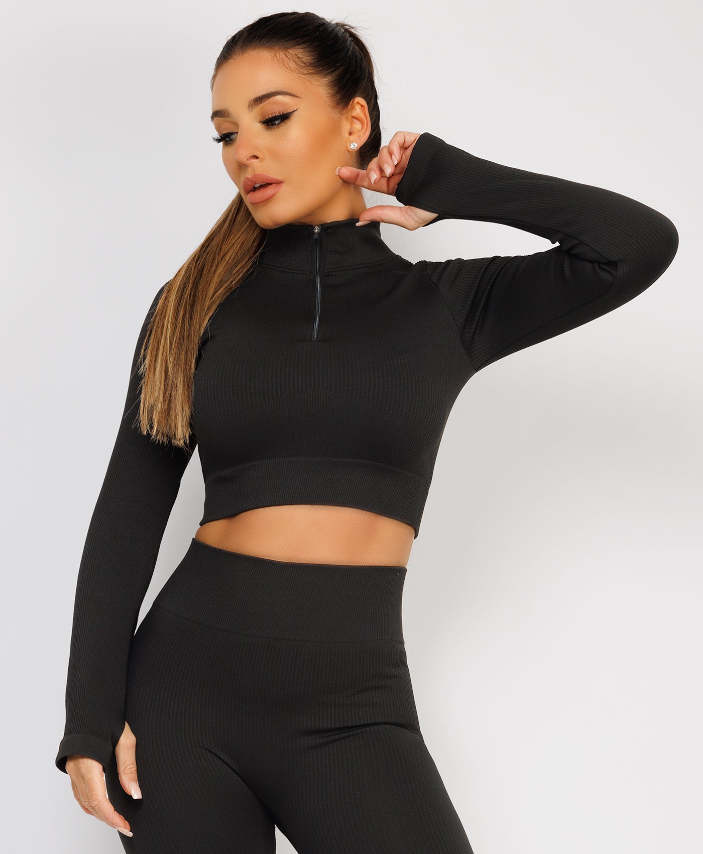 Active Wear Rib Texture Black Half Zipped Neck Ribbed Activewear Set – www.lexifashion.co.uk