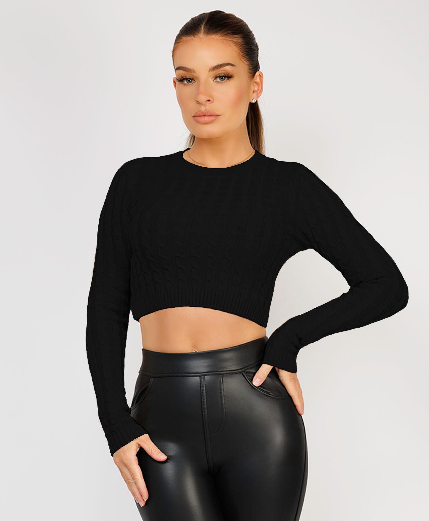 Long-Sleeve-Cropped-Cable-Knit-Sweater-Black-1