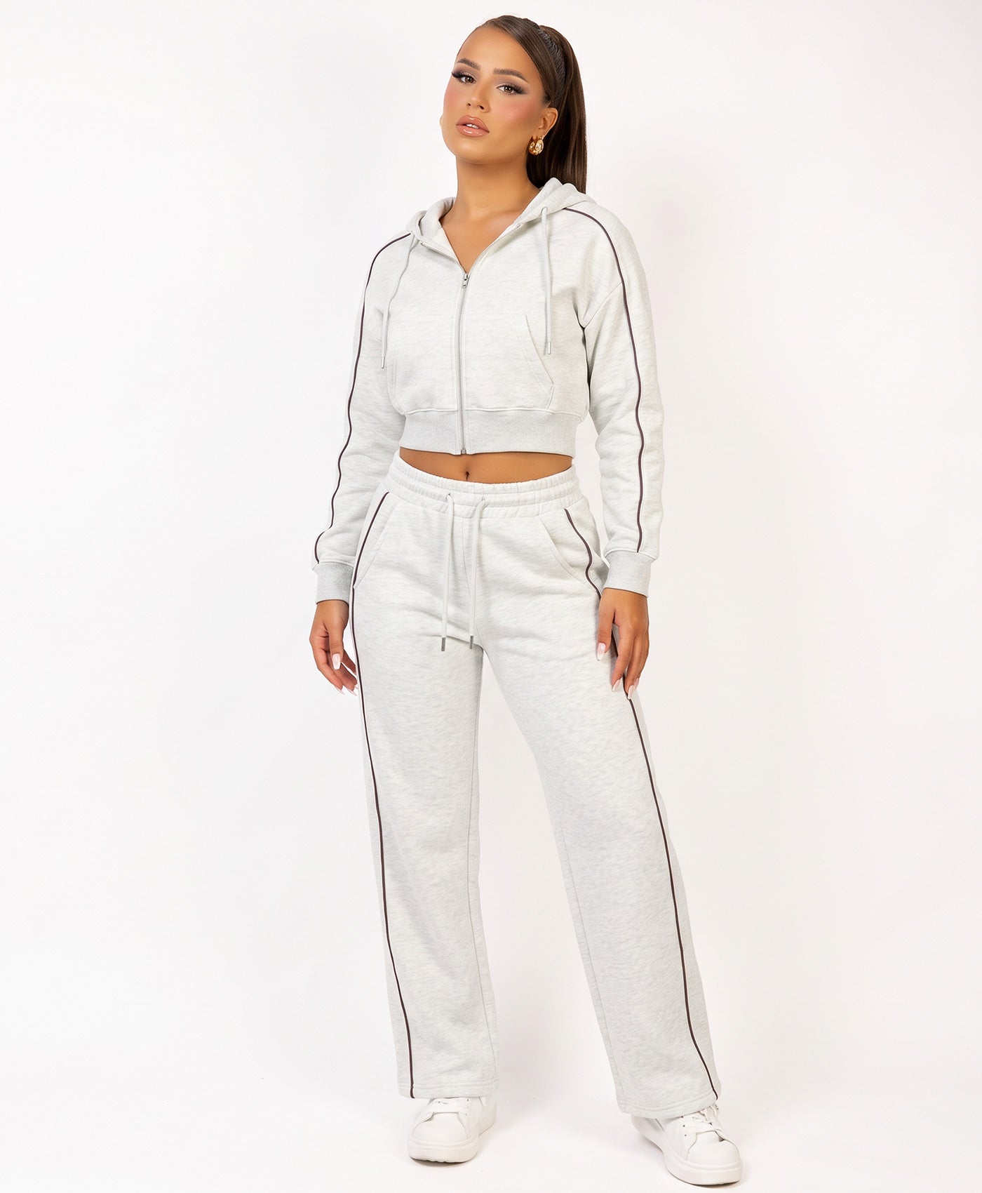 Bleach Grey Piping Trim Cropped Zip-Up Hoodie & Wide Leg Jogger Co-Ord Set