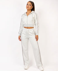Bleach Grey Piping Trim Cropped Zip-Up Hoodie & Wide Leg Jogger Co-Ord Set