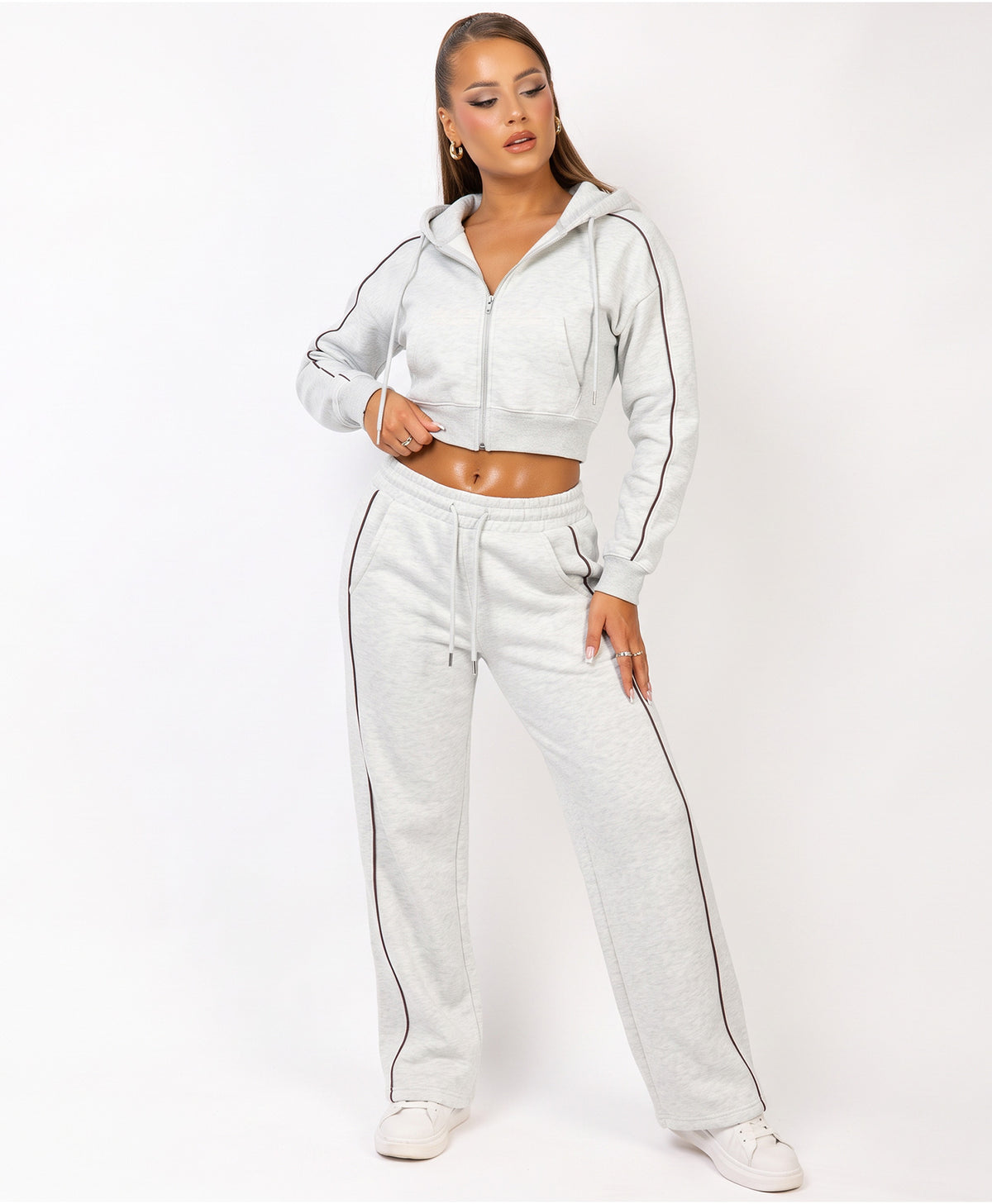 Bleach Grey Piping Trim Cropped Zip-Up Hoodie & Wide Leg Jogger Co-Ord Set