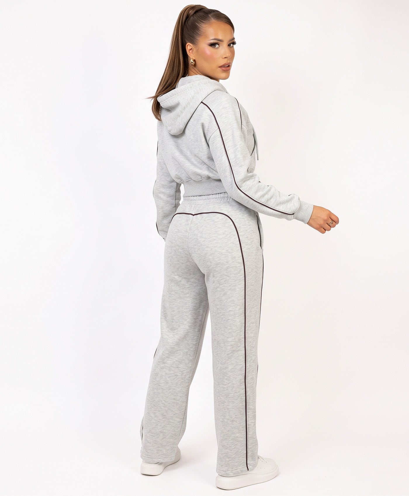 Bleach Grey Piping Trim Cropped Zip-Up Hoodie & Wide Leg Jogger Co-Ord Set