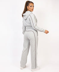 Bleach Grey Piping Trim Cropped Zip-Up Hoodie & Wide Leg Jogger Co-Ord Set