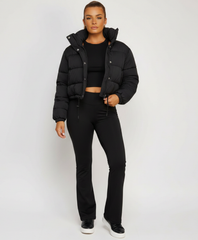 Black Cropped Puffer Jacket with Drawstring Hem and High Neck