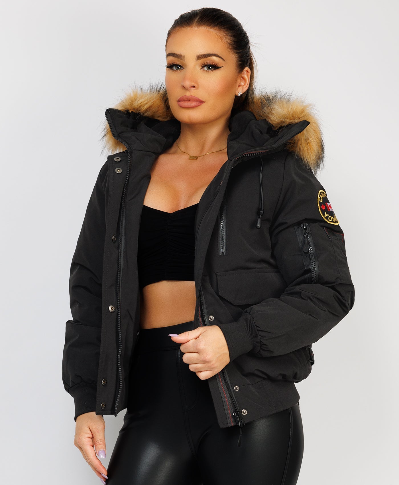 Bomber Jacket Black Fur Jacket With Hood Faux-fur Hood Bomber