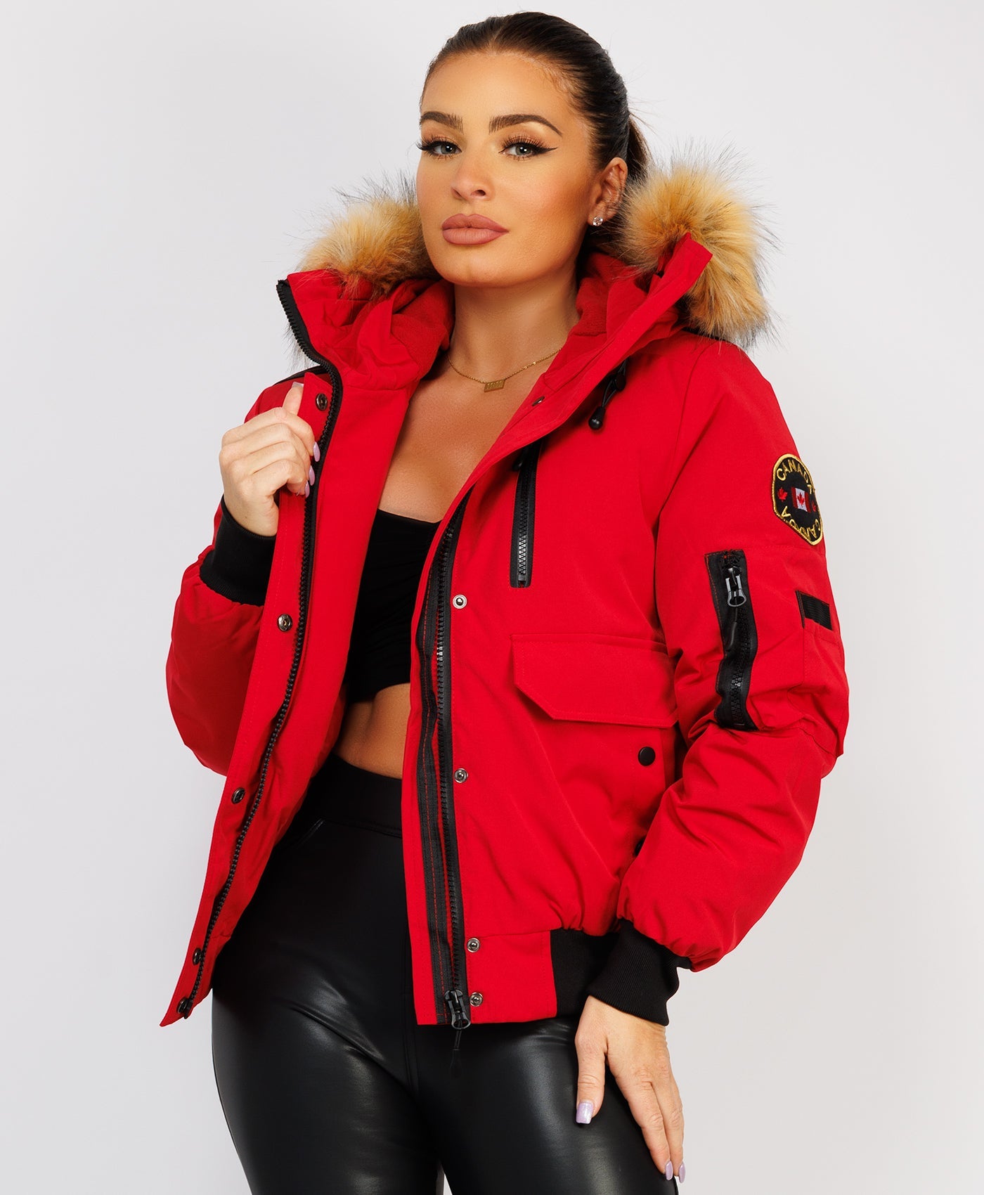 Canada-Bomber-Jacket-With-Fur-Hood-Red-4