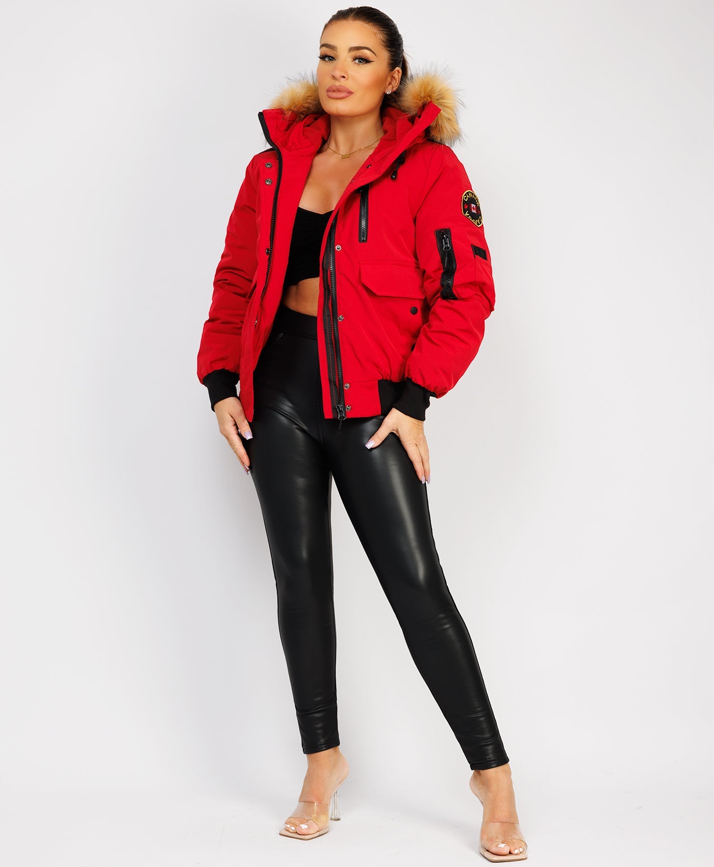 Canada-Bomber-Jacket-With-Fur-Hood-Red-3