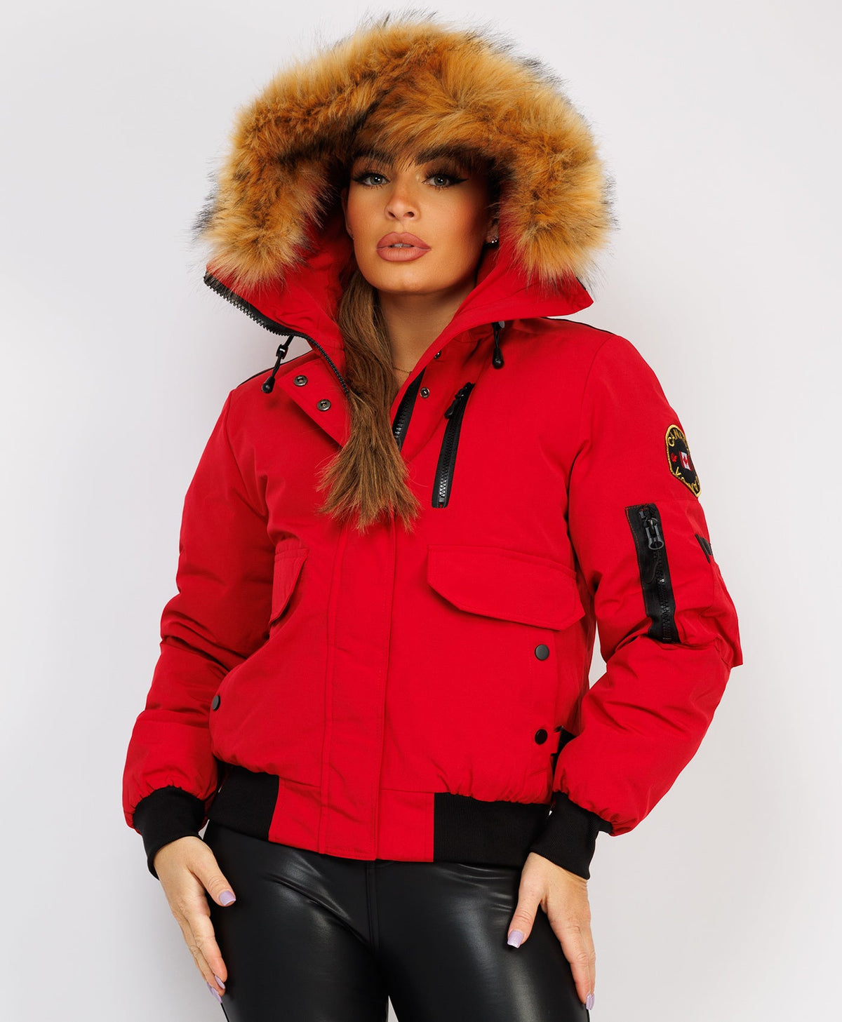 Canada-Bomber-Jacket-With-Fur-Hood-Red-5