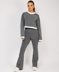 Ribbed-Contrast-Stripe-Jumper-Flare-Split-Trousers-Charcoal-Grey