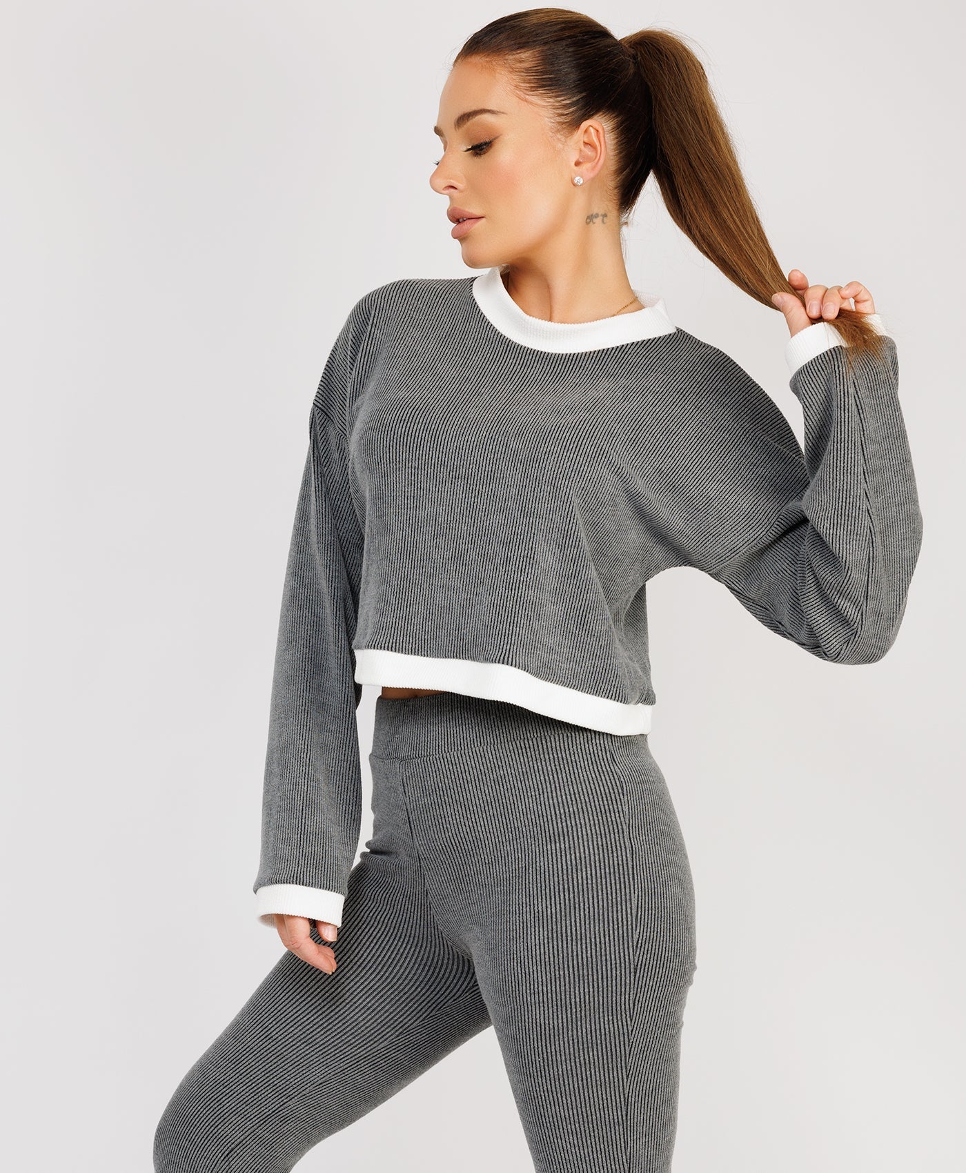 Ribbed-Contrast-Stripe-Jumper-Flare-Split-Trousers-Charcoal-Grey