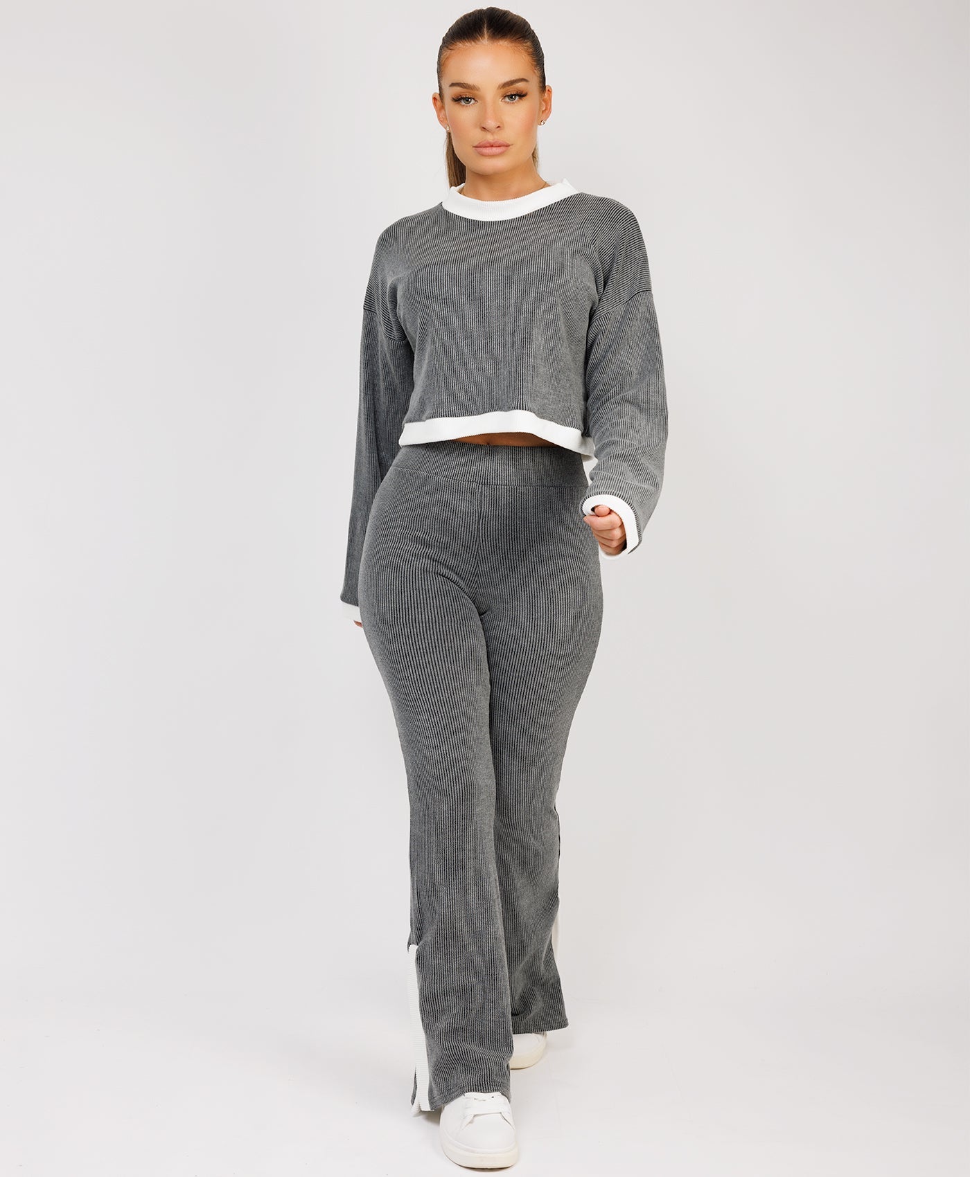 Ribbed-Contrast-Stripe-Jumper-Flare-Split-Trousers-Charcoal-Grey