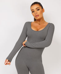Charcoal Grey-Elastic-Ribbed-Long-Sleeve-Butt-Lift-Jumpsuit7