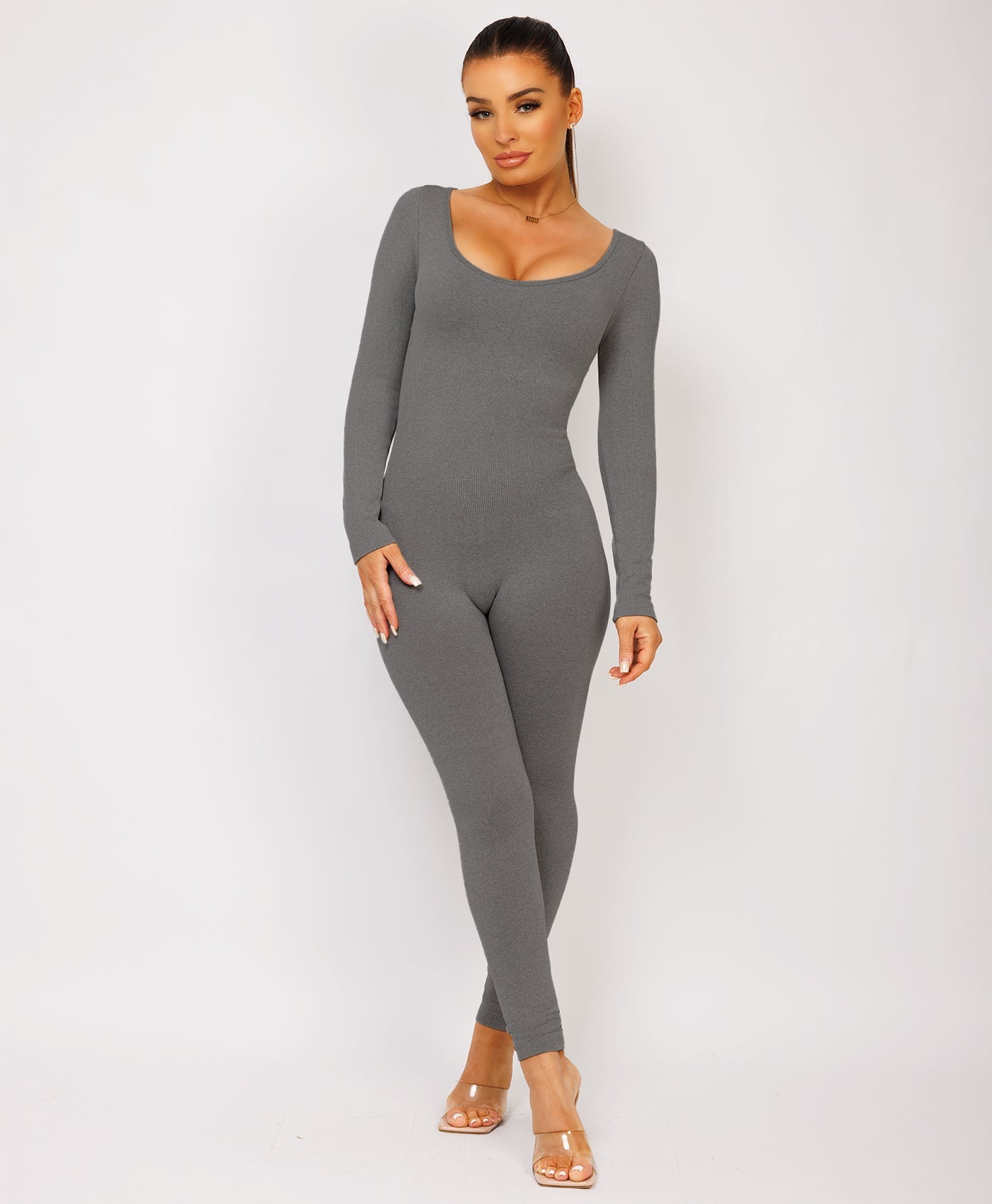 Charcoal Grey-Elastic-Ribbed-Long-Sleeve-Butt-Lift-Jumpsuit8