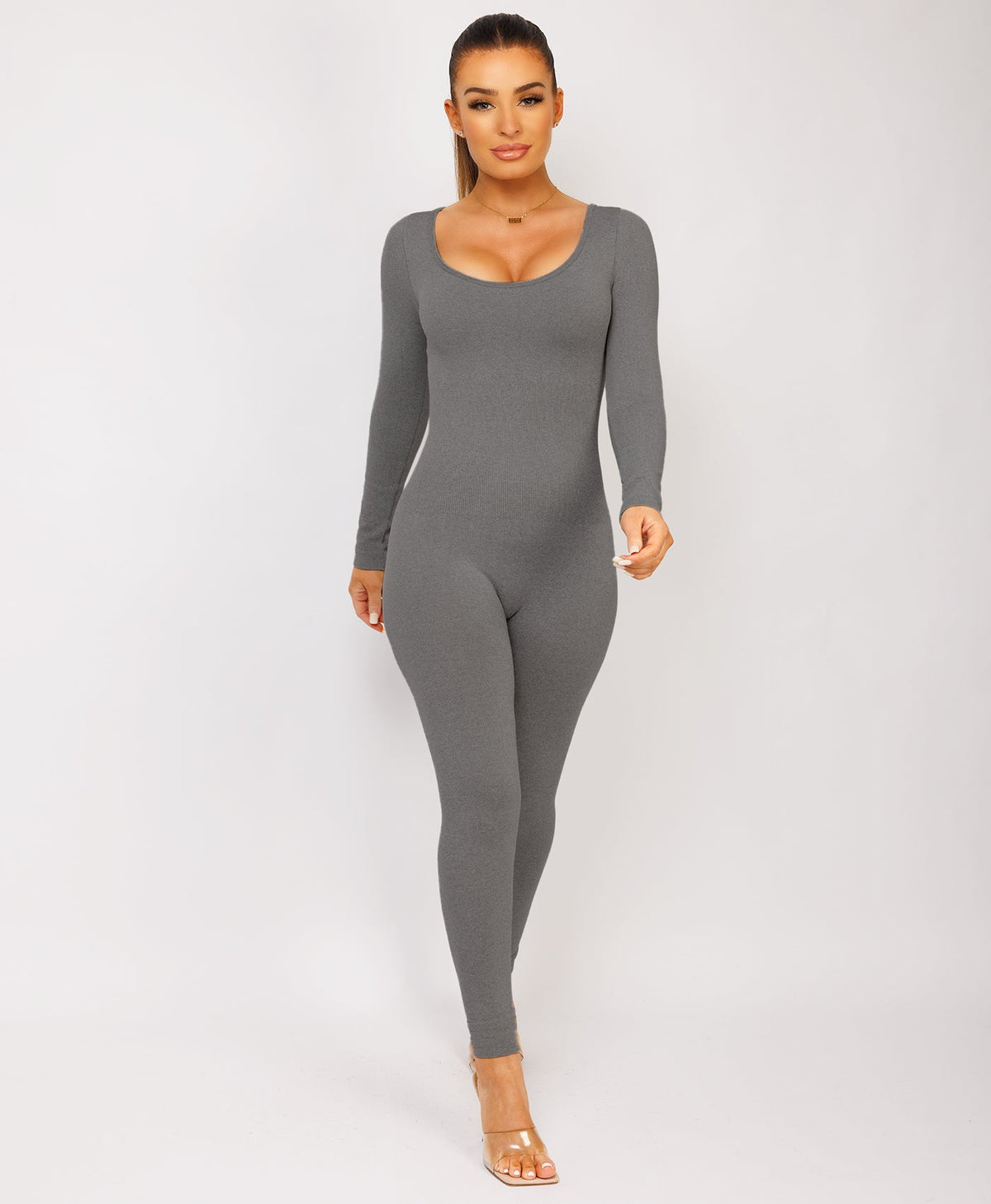 Charcoal Grey-Elastic-Ribbed-Long-Sleeve-Butt-Lift-Jumpsuit6