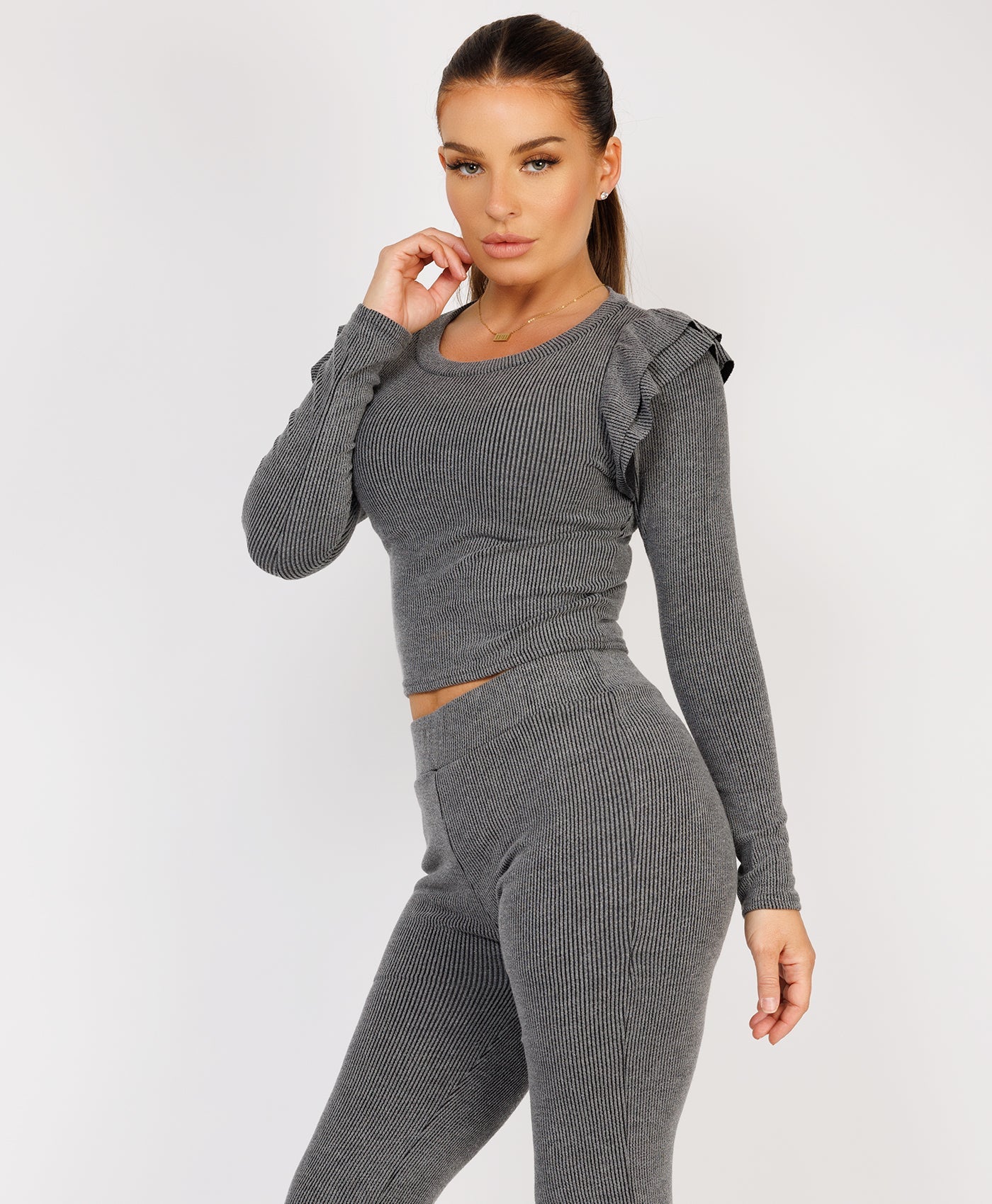 Ribbed-Frilled-Long-Sleeve-Skinny-Flare-Set-Charcoal-Grey