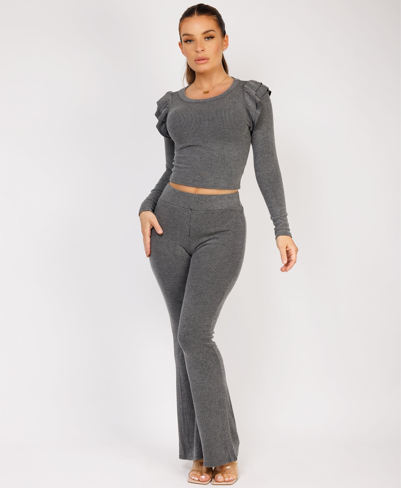 Ribbed-Frilled-Long-Sleeve-Skinny-Flare-Set-Charcoal-Grey