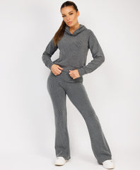 Charcoal Grey Ribbed Hoody & Skinny Flare Trousers Loungewear Set